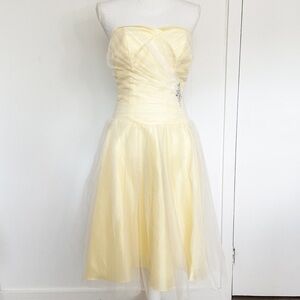 Sophia Tolli yellow tea length tulle dress sweetheart neckline rhinestone detail